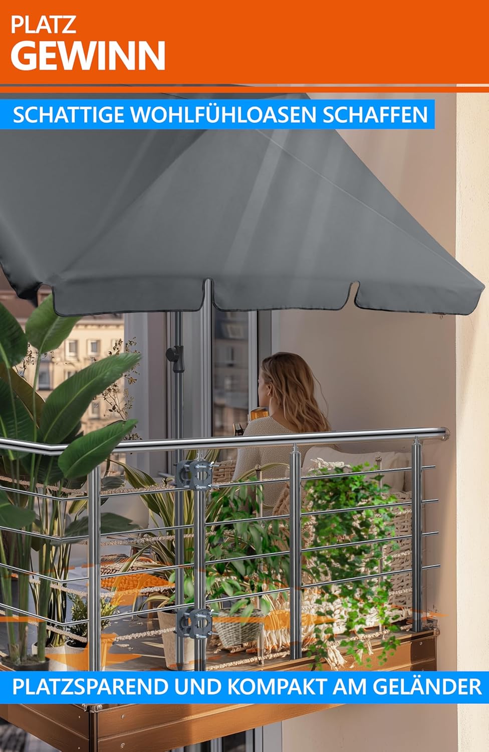 4smile Sonnenschirm Balkon SunnyShade, 200 x 125 cm, UPF 50+ Sonnenschirm rechteckig als Sonnenschut