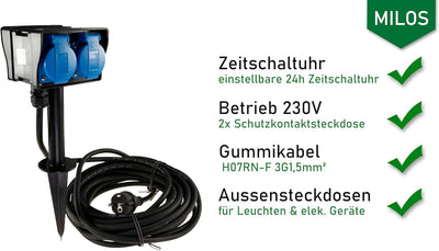 Chilitec Gartensteckdose – Aussensteckdose mit Zeitschaltuhr 10 m Kabel Erdspiess IP44 230 V Stromve