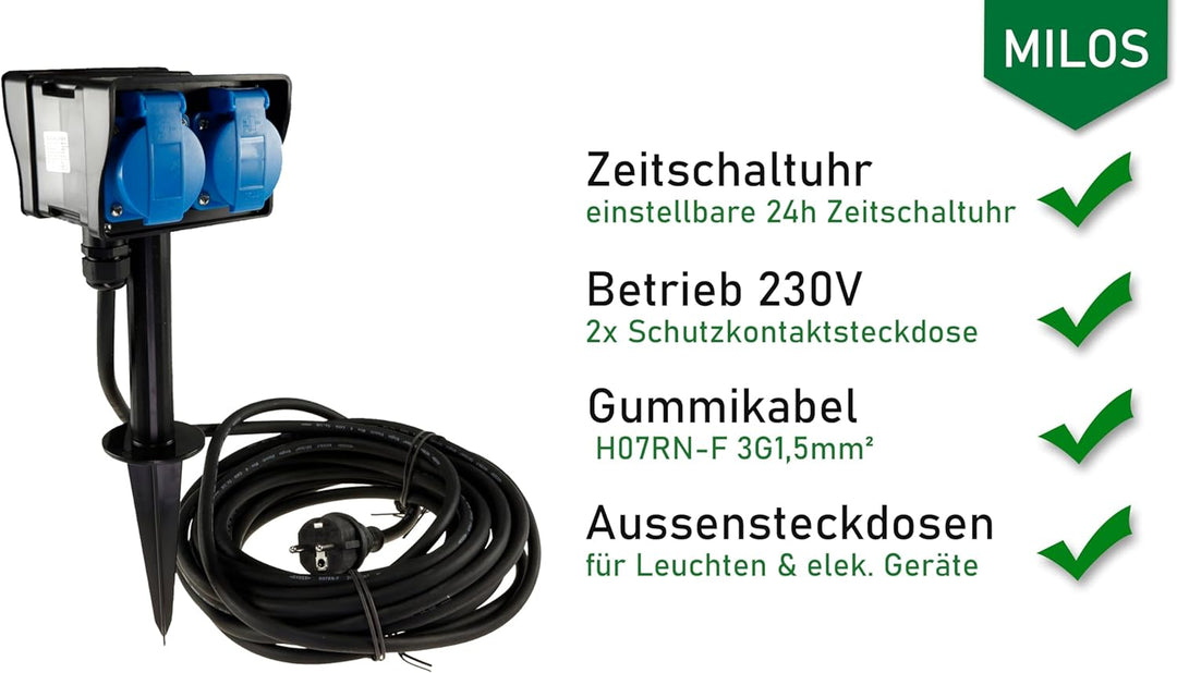 Chilitec Gartensteckdose 2-Fach Aussensteckdose mit Zeitschaltuhr 2m Kabel Erdspiess IP44 230V Strom