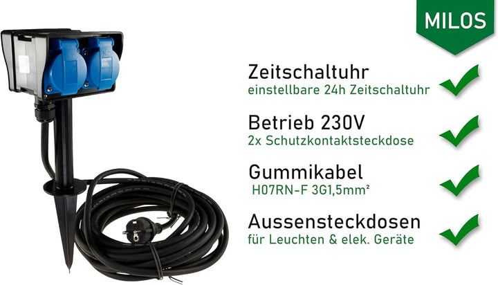 Chilitec Gartensteckdose 2-Fach Aussensteckdose mit Zeitschaltuhr 2m Kabel Erdspiess IP44 230V Strom
