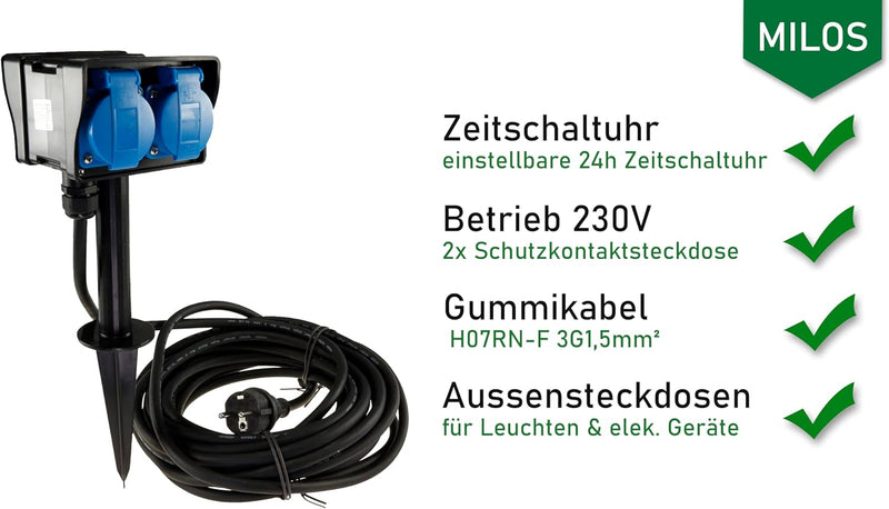 Chilitec Gartensteckdose – Aussensteckdose mit Zeitschaltuhr 10 m Kabel Erdspiess IP44 230 V Stromve