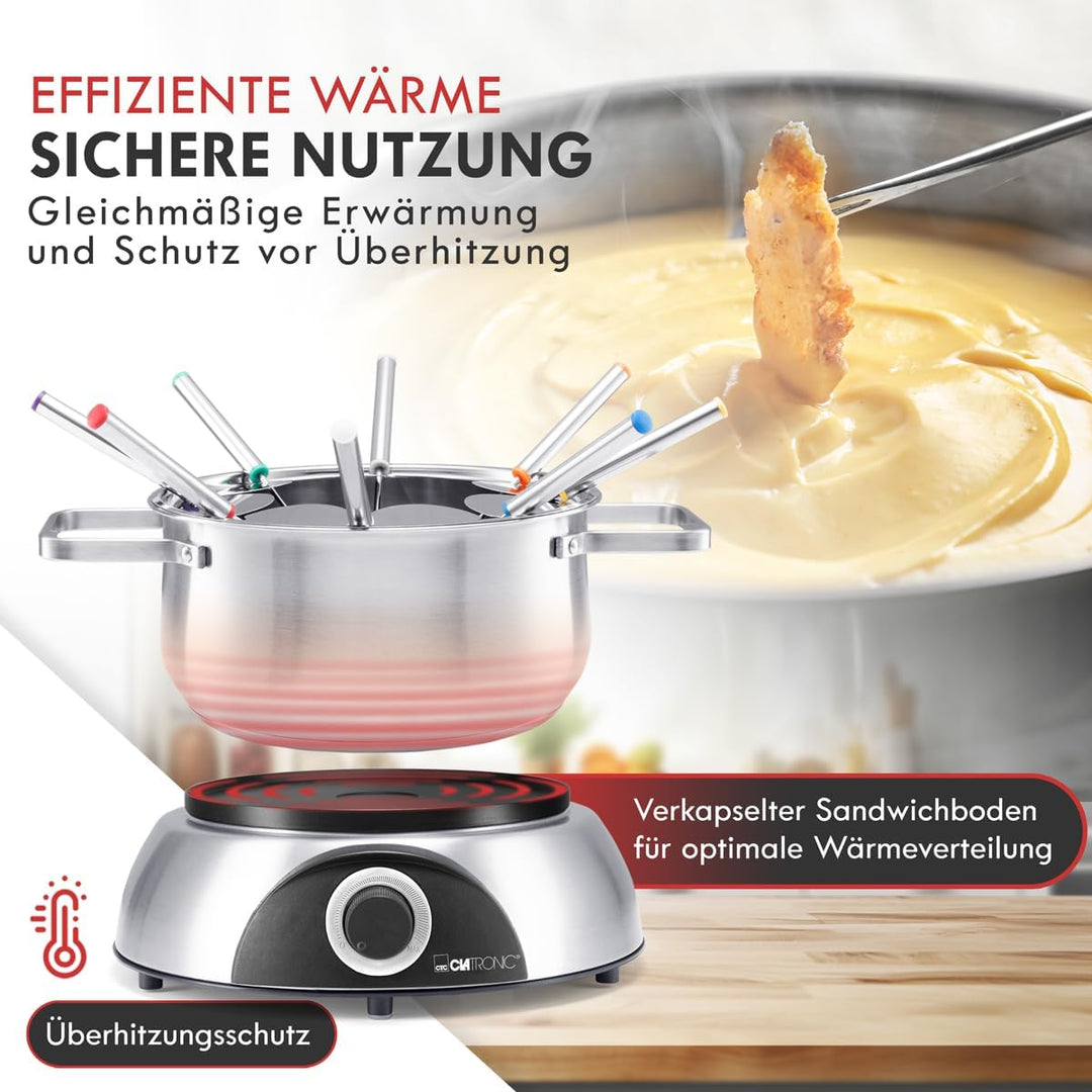Clatronic FD 3783 elektrischer Fonduetopf, Topf mit abnehmbaren Spritzschutz, Fondue-Set für 8 Perso