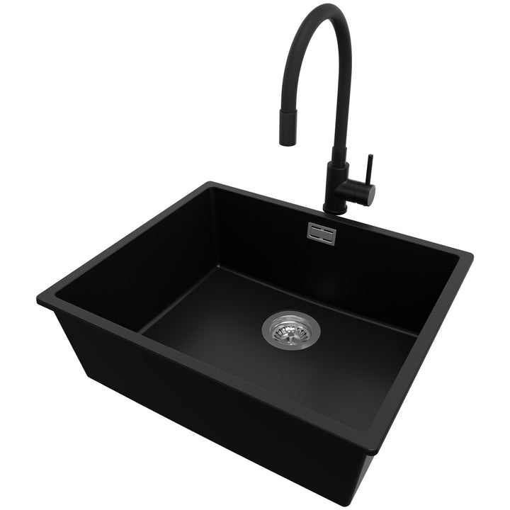 Granitspüle Schwarz 56x47cm, Spülbecken 1 Becken + Ablauf-Set + Küchenarmatur, Küchenspüle ab 60er U