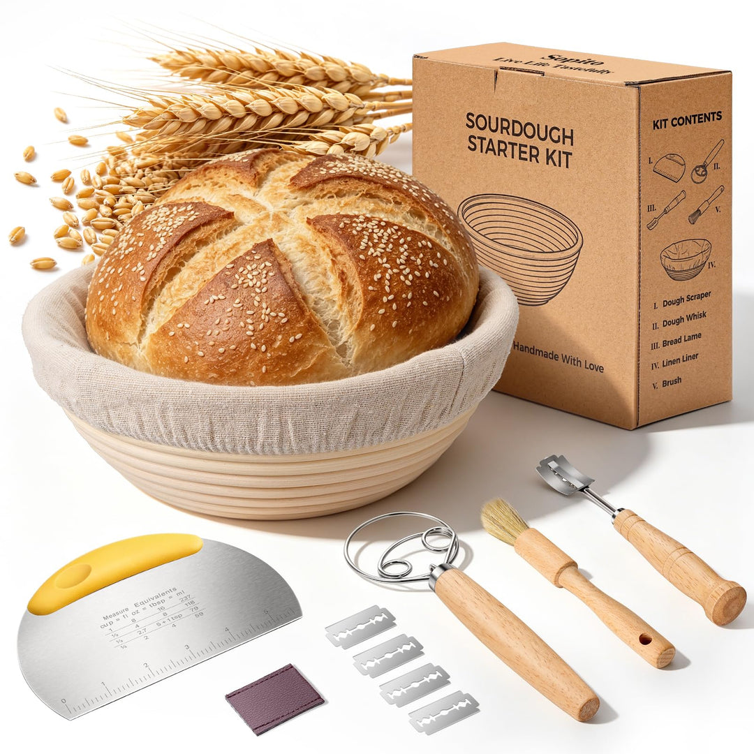 Sopito Gärkörbchen Set 23cm rund Brot Backen Zubehör Sauerteig Starter | Gärkorb Rund mit Leinentuch
