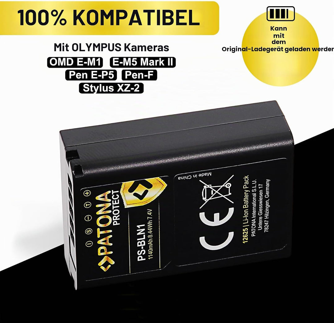 PATONA 2X Protect PS-BLN-1 Akku 1140mAh Ersatzakku kompatibel mit Olympus OMD OM-D E-M1 EM1 E-M5 EM5