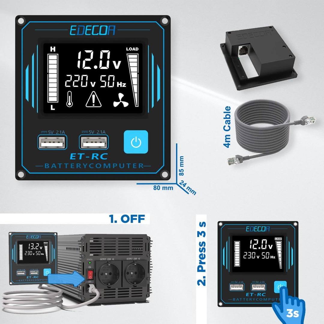 EDECOA Wechselrichter 2000w 12v 230v Spannungswandler mit Neuer Fernbedienung 2X USB und Bildschirm