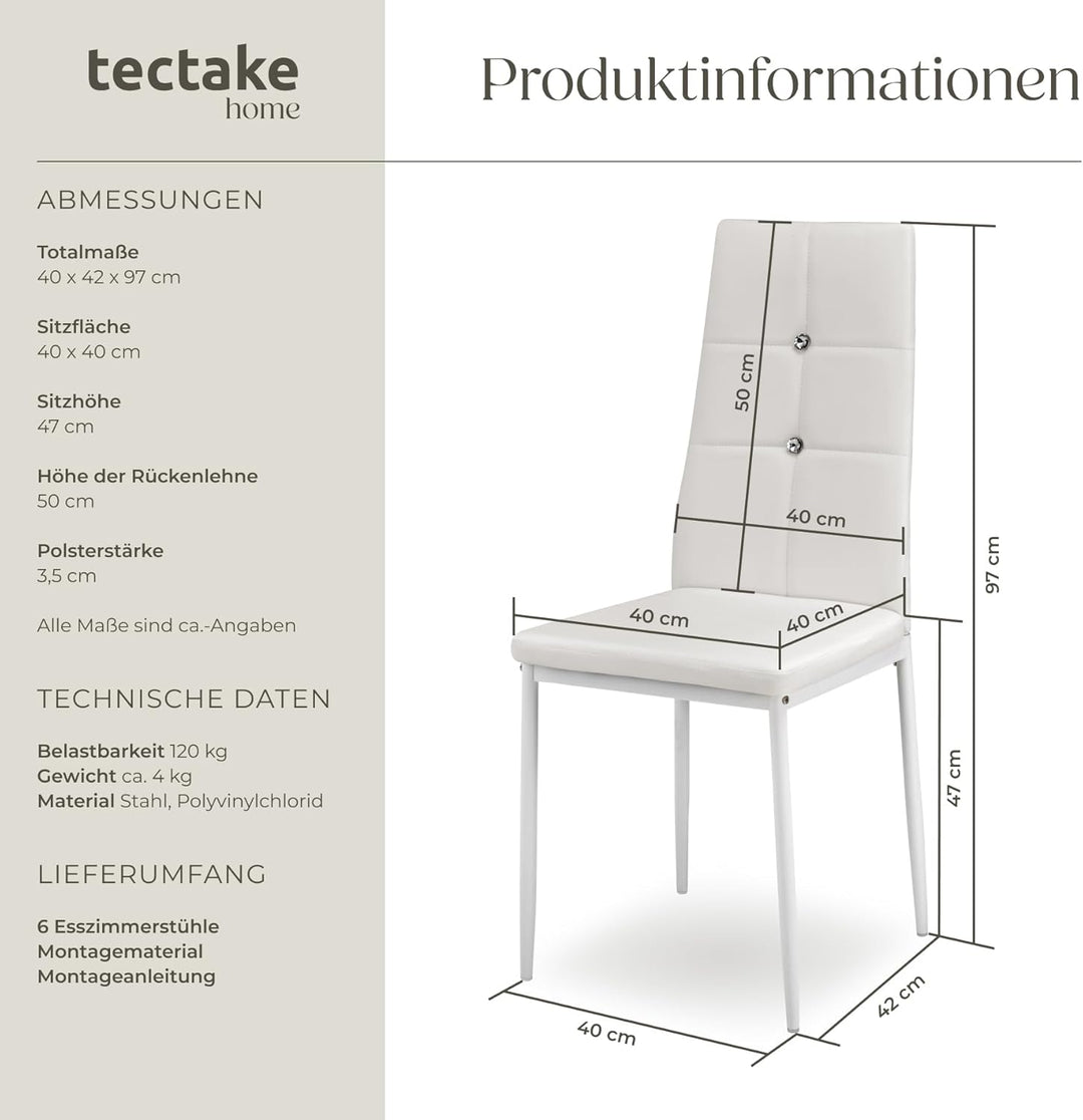 tectake® Moderne Stühle, 6er Set, 6X Stuhl mit Bezug aus Kunstleder, Glitzersteine, als Küchenstühle