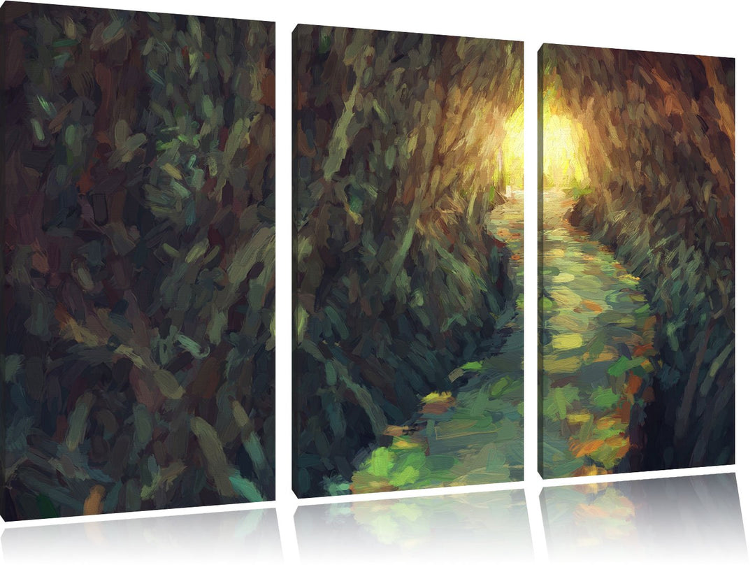 Pixxprint Gehweg im Wald / 3-Teilig/Gesamtmass 120cm Leinwandbild bespannt auf Holzrahmen/Wandbild K