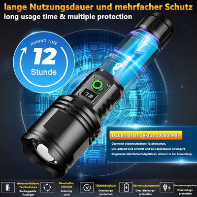 ASORT LED Taschenlampe Extrem Hell 40000 Lumen, Type-C Aufladbar, IPX67 Wasserdicht, Der LCD-Bildsch