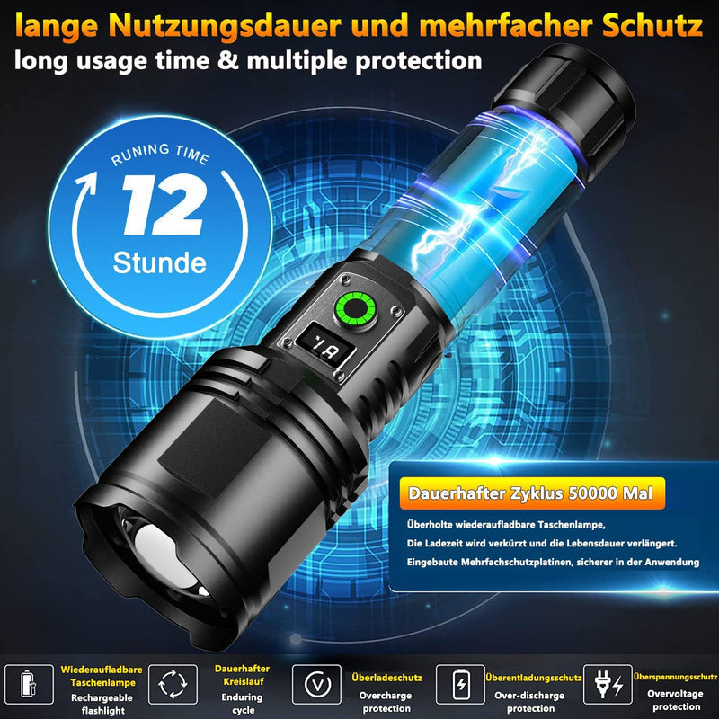 ASORT LED Taschenlampe Extrem Hell 40000 Lumen, Type-C Aufladbar, IPX67 Wasserdicht, Der LCD-Bildsch