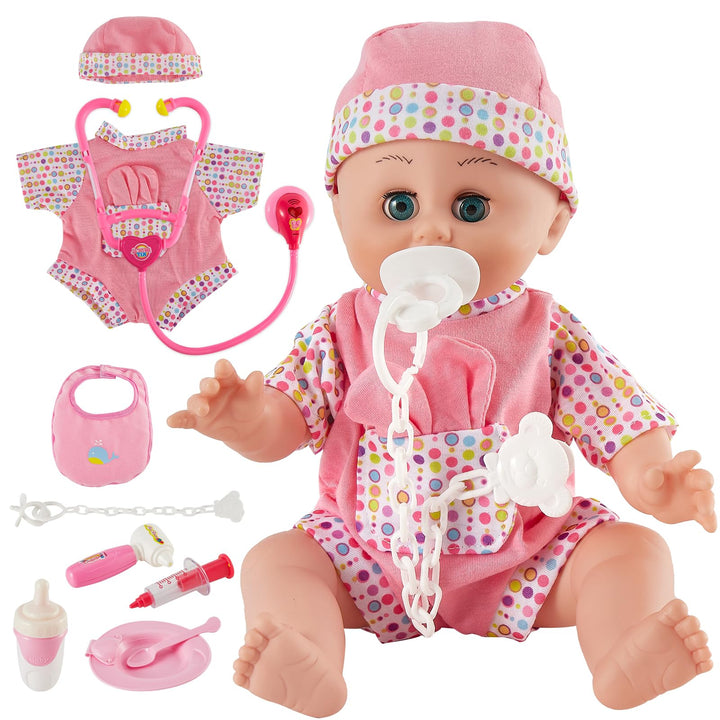 HERSITY Babypuppen Spielset mit 12 Ton und Automatisches Öffnen und Schliessen Augen, Puppen Kleider