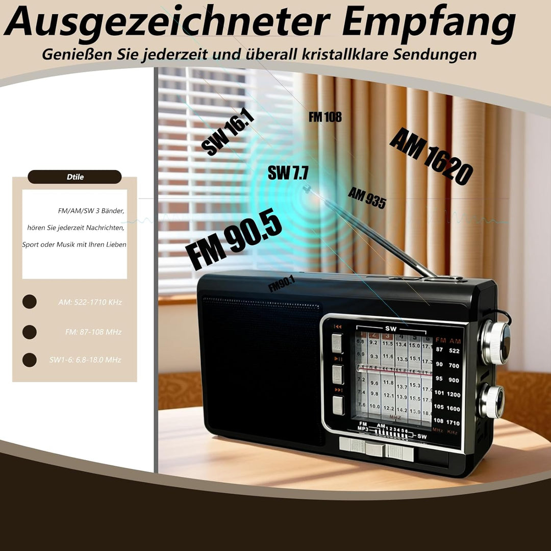 Kleines Radio mit Solarpanel & 1200mAh Akku, AM/FM/SW1-6 Empfänger mit 8W-Lautsprecher/TWS/USB/TF/Ta