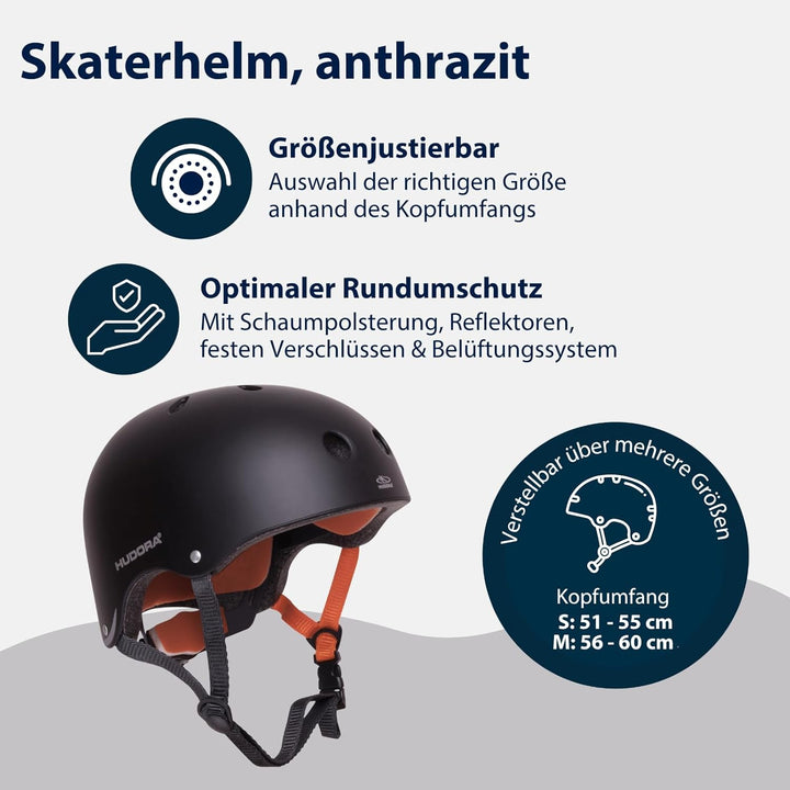 HUDORA 84103 - Skateboard-Helm, Scooter-Helm anthrazit, Gr. 51-55, Skate Helm, Fahrrad-Helm 56-60 An