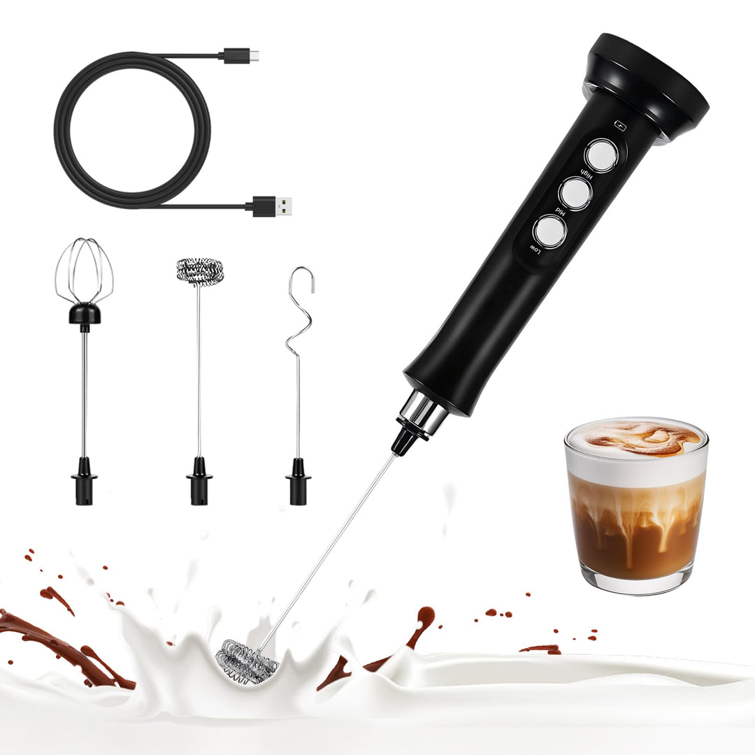 USB Elektrischer Milchaufschäumer mit Drei Rührköpfen, Elektrischer Handrührer, Elektrischer Milchau
