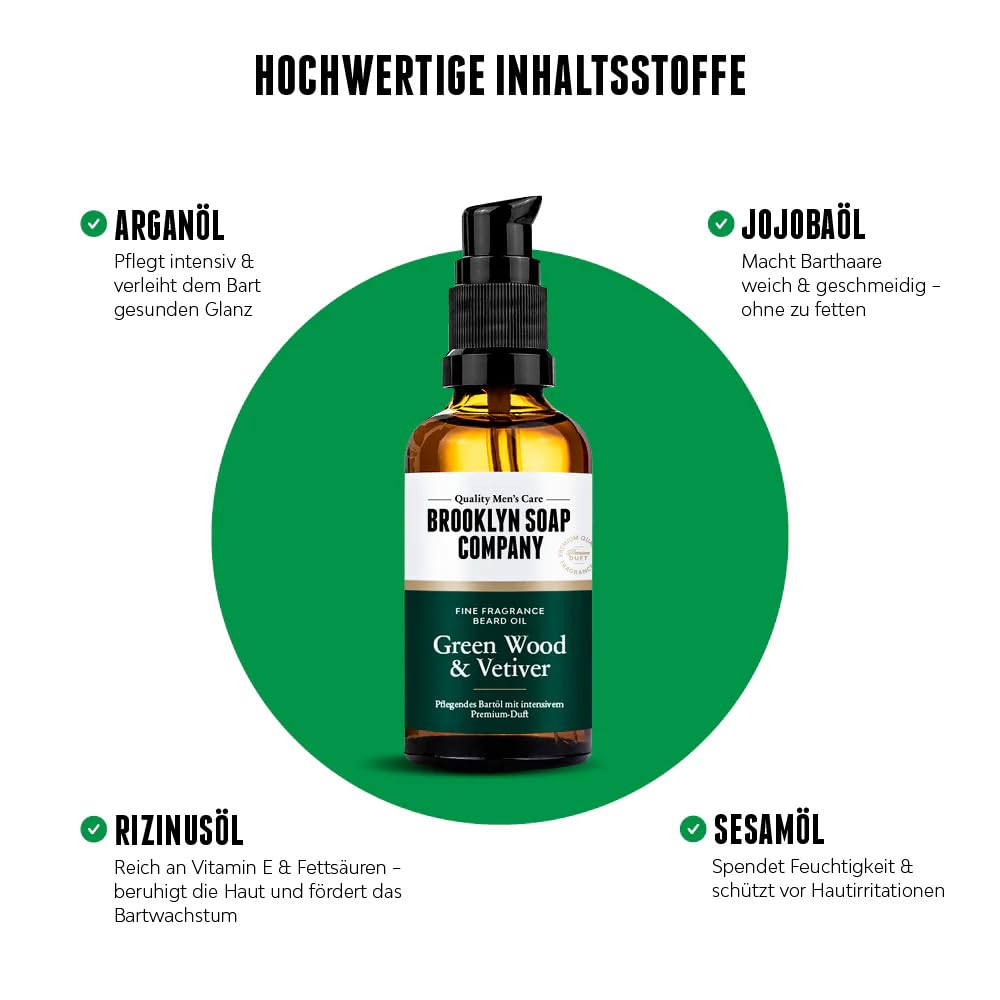Brooklyn Soap Company, Bartöl 50 ml Green Wood & Vetiver - Pflegendes Bart Öl für Herren - Für die t