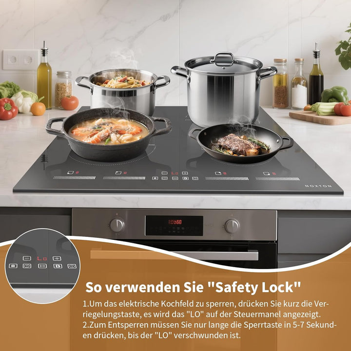 NOXTON Induktionskochfeld 60 cm Einbau mit Booster, Autarkes Induktionsfeld 4 Platten mit Schiebereg