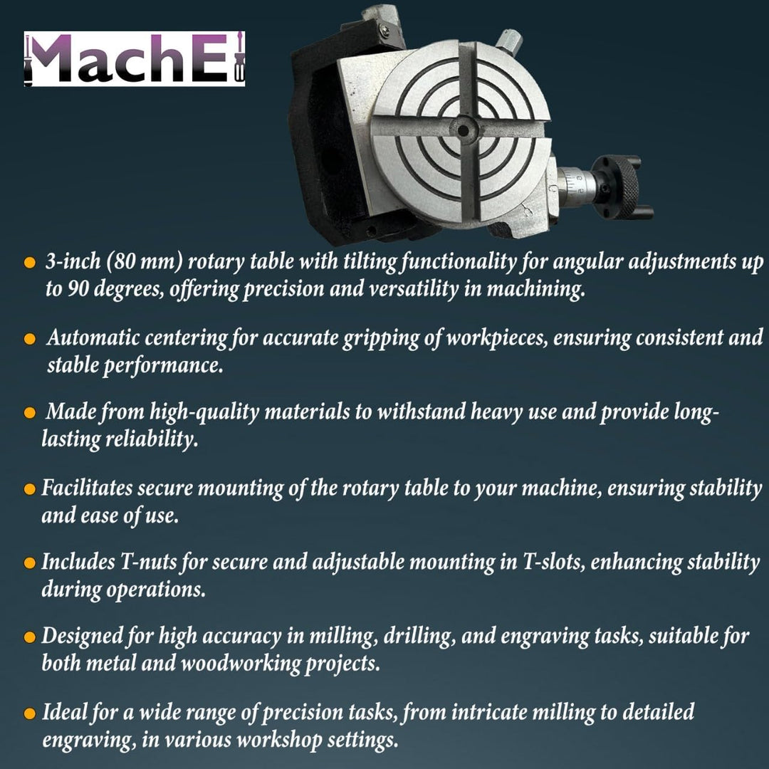 MachEl 7,6 cm neigbarer Drehtisch mit 65 mm selbstzentrierendem 3-Backenfutter, Rückplatte und T-Mut