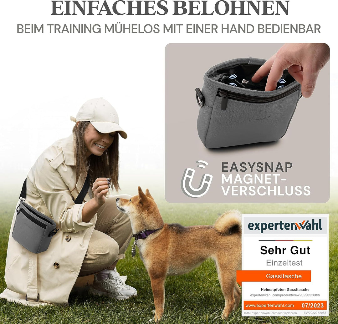 Heimatpfoten® Futterbeutel für Hunde aus Leder-Imitat - Gassi-Tasche mit Einhand Magnet-Verschluss H