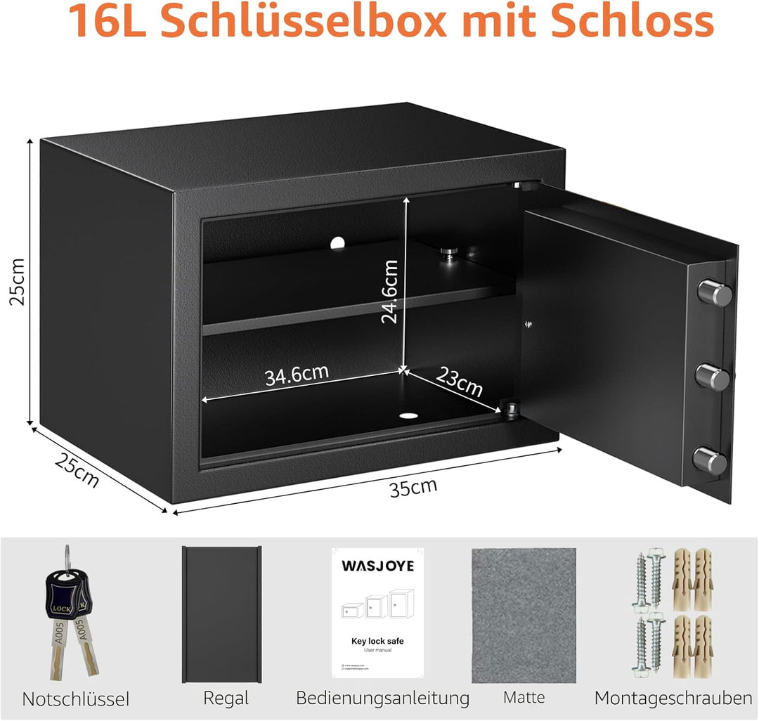 Safe Tresor mit Schlüssel, WASJOYE Möbeltresor mit Schlüssel-Schloss für Zuhause/Büro, 16L Wandtreso