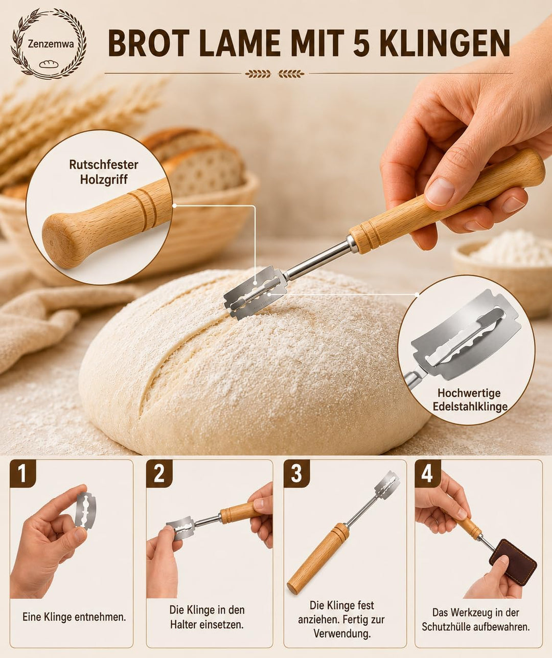 Brot Gärkorb Set, Gärkörbchen zum Brotbacken,2 Gärkorb (25cm Ovale & 23cm Runde), 700ML Sauerteig Gl