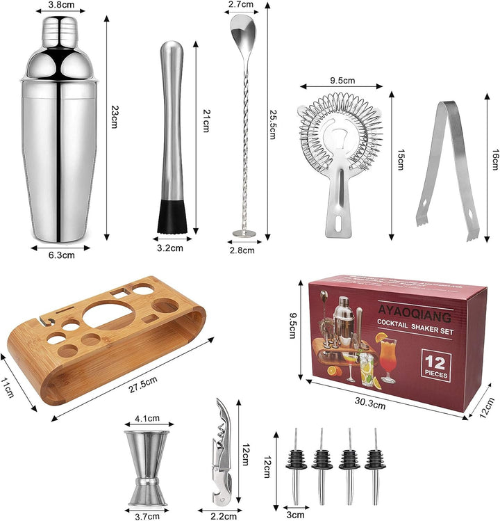 Cocktail Set, Edelstahl Cocktail Shaker Bar Set, 12 Stück Cocktailmixer Set mit Holzständer, Messbec