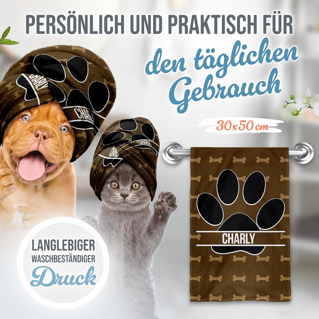 PR Print Royal Personalisiertes Hundehandtuch mit Name selbst gestalten - Hundepfote - Pfotentuch fü