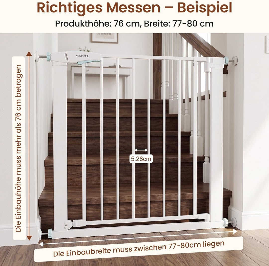 YEAUPE PRO Treppenschutzgitter Ohne Bohren, für Breiten 77-80cm, Weiss | 76 cm Hoch Türgitter baby,
