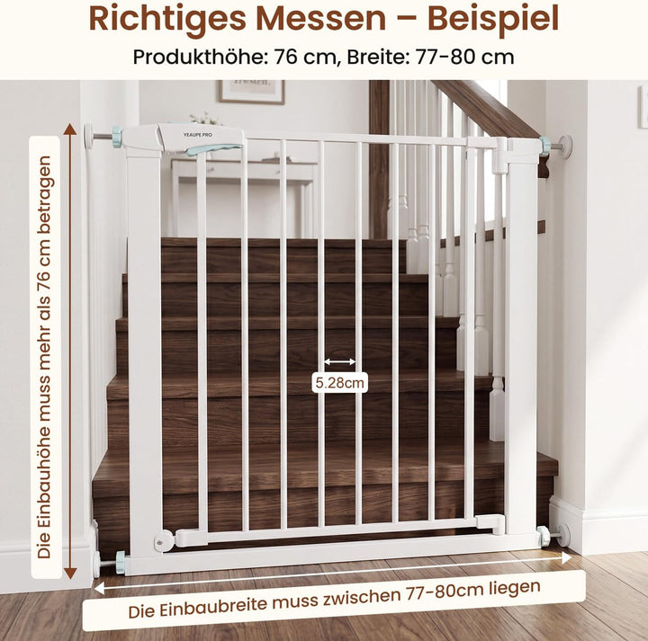 YEAUPE PRO Treppenschutzgitter Ohne Bohren, für Breiten 77-80cm, Weiss | 76 cm Hoch Türgitter baby,