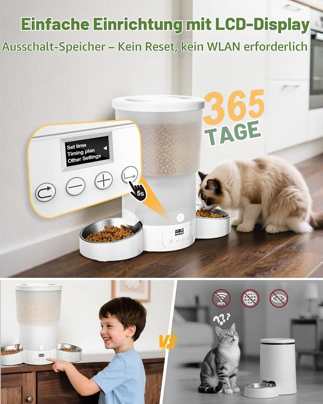 Gimars 5L Futterautomat Katze 2 Näpfe mit LCD-Anzeige Einfache Einrichtung, Programmierbar für 1–6 M