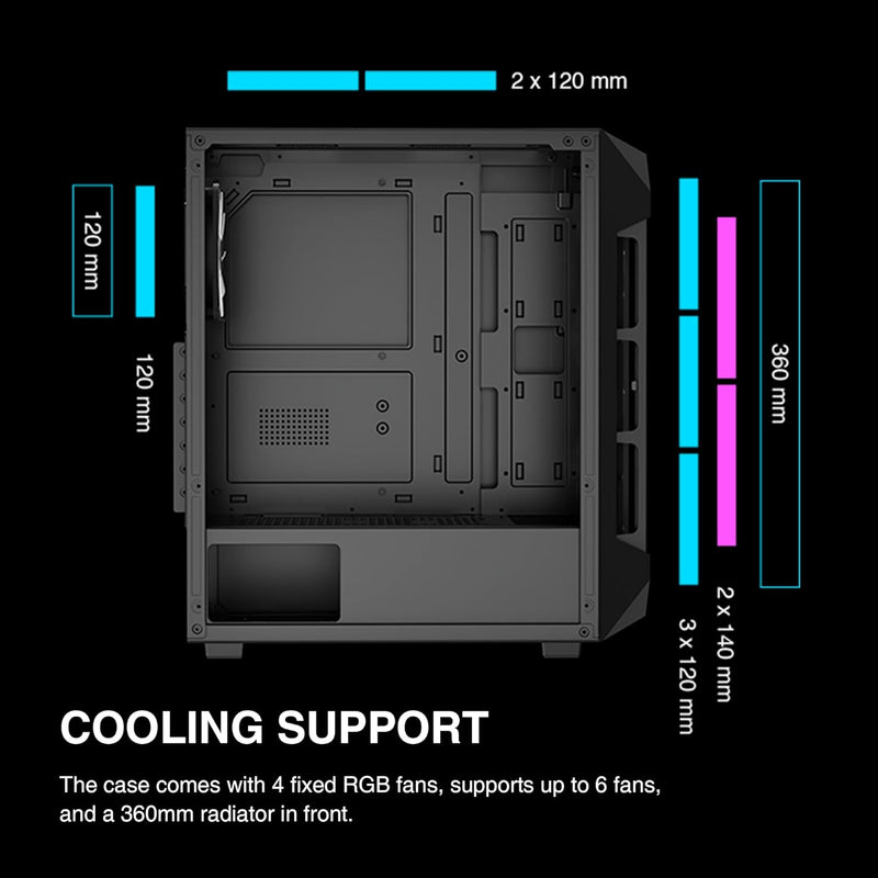 GAMDIAS Aura GC1 Elite ARGB ATX Gaming Midi-Tower PC-Gehäuse, 4 x 120 ARGB-Lüfter, High Airflow Mesh