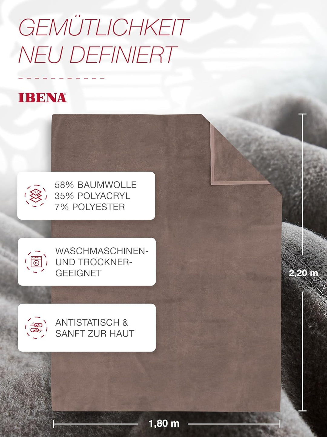 Ibena Porto xl Decke 180x220 cm – Baumwollmischung weich, warm & waschbar, Tagesdecke taupe einfarbi