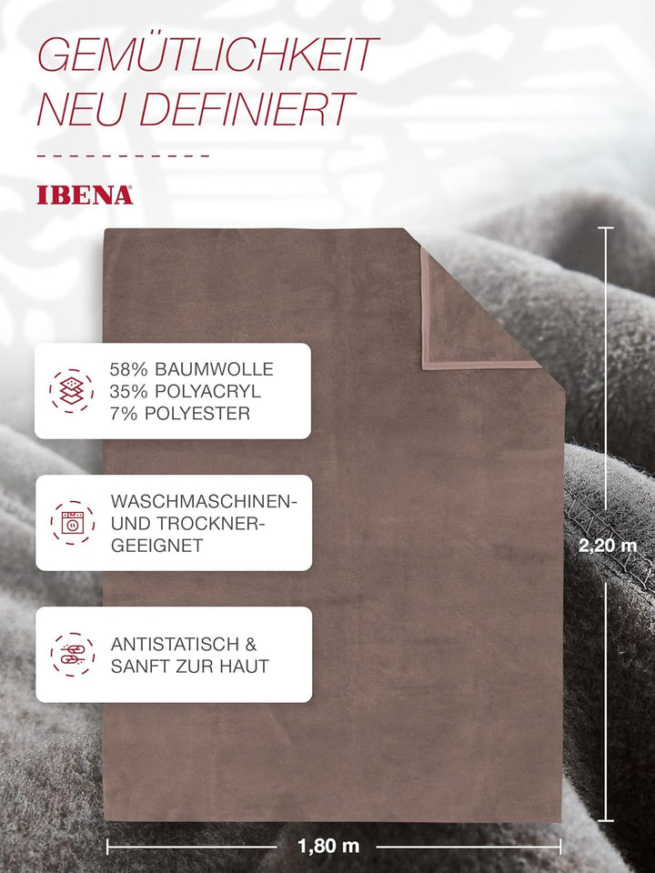 Ibena Porto xl Decke 180x220 cm – Baumwollmischung weich, warm & waschbar, Tagesdecke taupe einfarbi