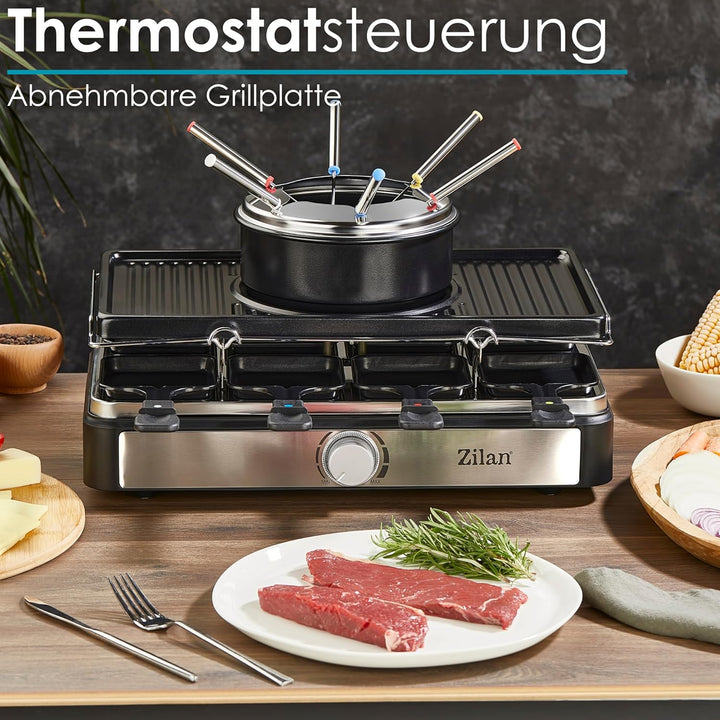 Raclette Grill mit Fondue Set | Raclette Gerät | 8 Personen | Tischgrill | Party Grill | Elektro Gri