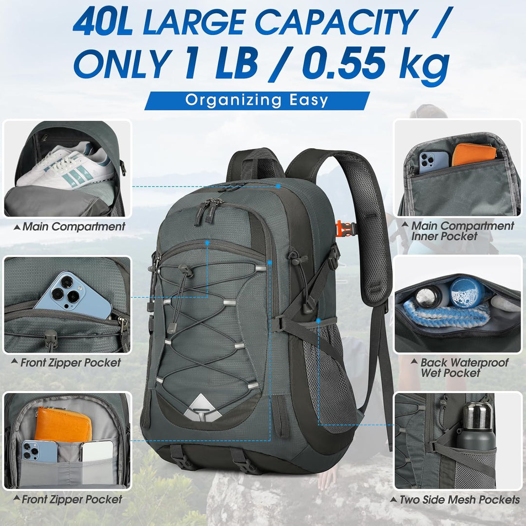 IGOLUMON Wanderrucksack Herren Damen 40L Wasserdichter Rucksack Leicht Faltbarer Reiserucksack Trekk