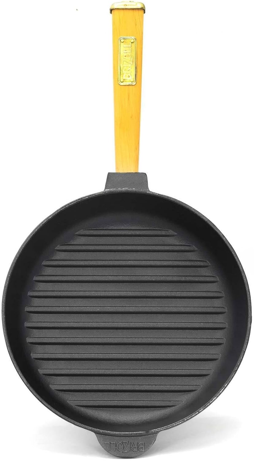 4BIG.fun Ø28cm Grillpfanne aus Gusseisen mit Glasdeckel Induktion Holzgriff Bratpfanne Pfanne Feuerp