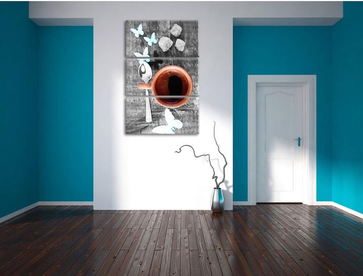 Pixxprint schmackhafter Kaffee mit Schmetterlingsdeko schwarz/weiss 3-Teiler Leinwandbild 120x80 Bil