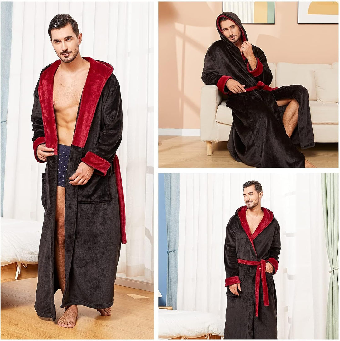 FashGudim Herren Kapuzenplüschbademantel in voller Länge. Flauschiger Bademantel für grosse und kräf