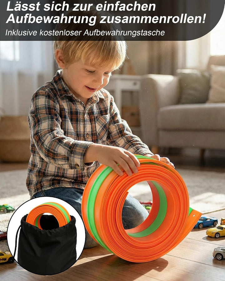 Flexible 3-Spur-Rennbahn für Kinder, 5 m Lange aufrollbare Rennbahn mit 6 Autos, batterieloses Set o