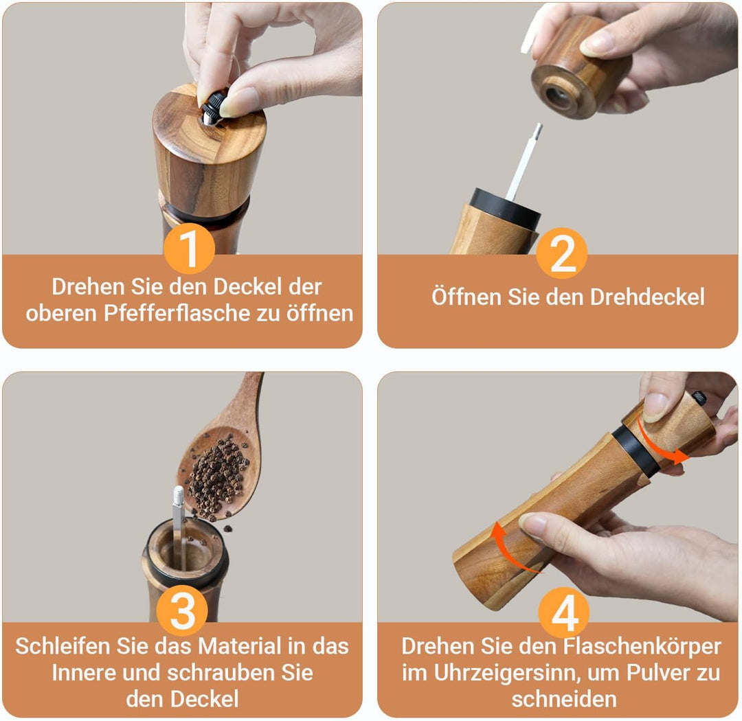 Salz und Pfeffermühle Holz Set – 2er Gewürzmühle mit Keramikmahlwerk & Untersetzer, Manuelle Pfeffer