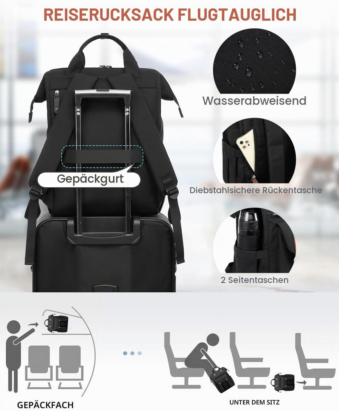 LOVEVOOK Rucksack Damen Gross, 18 Zoll Wasserdicht Reiserucksack Handgepäck Backpack Flugzeug Schwar