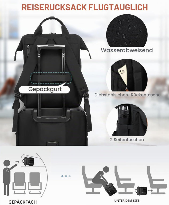 LOVEVOOK Rucksack Damen Gross, 18 Zoll Wasserdicht Reiserucksack Handgepäck Backpack Flugzeug Schwar