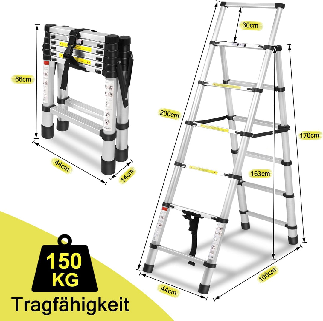 XMTECH 1.7m+1.2m Aluminium Teleskopleiter Klappleiter A-Rahmen 6 + 7 Stufen, Rutschfester Aluleiter