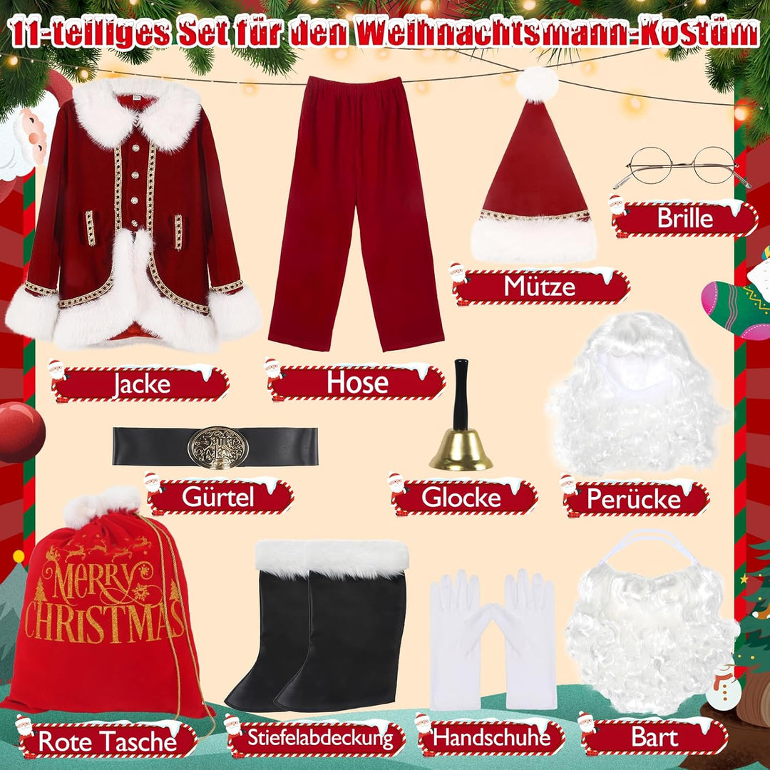 Weihnachtsmann Kostüm für Männer Deluxe professioneller Santa-Anzug für Erwachsene 11 teilig Rotes H