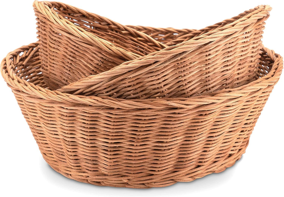 Decorasian Brotkorb geflochten aus Rattan - Brotkörbchen rund im 3er Set mit Leinentuch - Runde Bröt
