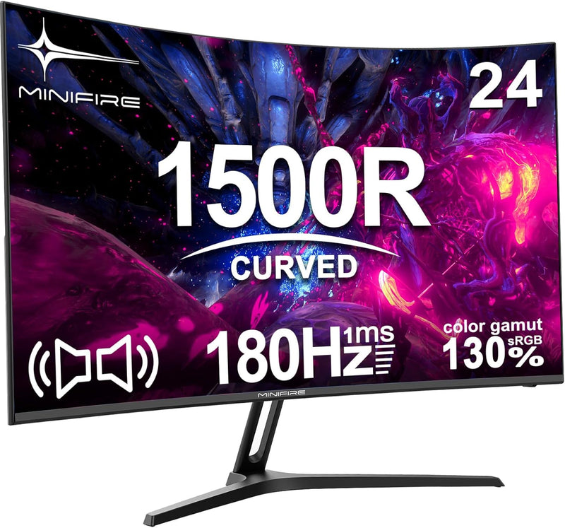 Minifire 24 Zoll Curved Gaming Monitor 180Hz, 1ms, 130% sRGB, Mit Lautsprechern, HDR, FreeSync, 300c