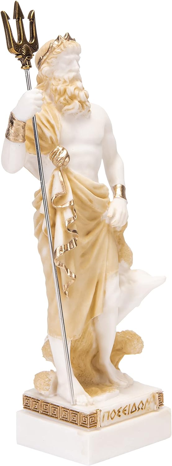 Poseidon Griechischer Gott des Meeres mit Dreizack Statue Figur Gold Alabaster 25,4 cm