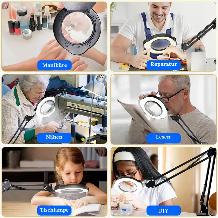 15X Magnifying Glass Desk Lamp with Clamp and Base, Real Glass Lens, 84 LEDs, 5 Color Modes Dimmable