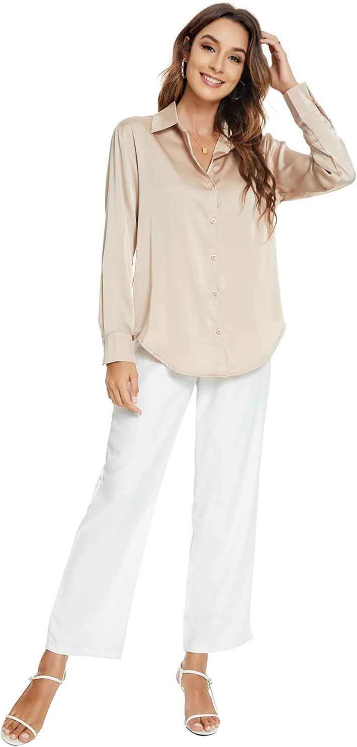Atnlewhi Damen Bluse Langarm Knöpfen Satin Seide Hemden Basic Kent Kragen Arbeit Büro Formelle Casua