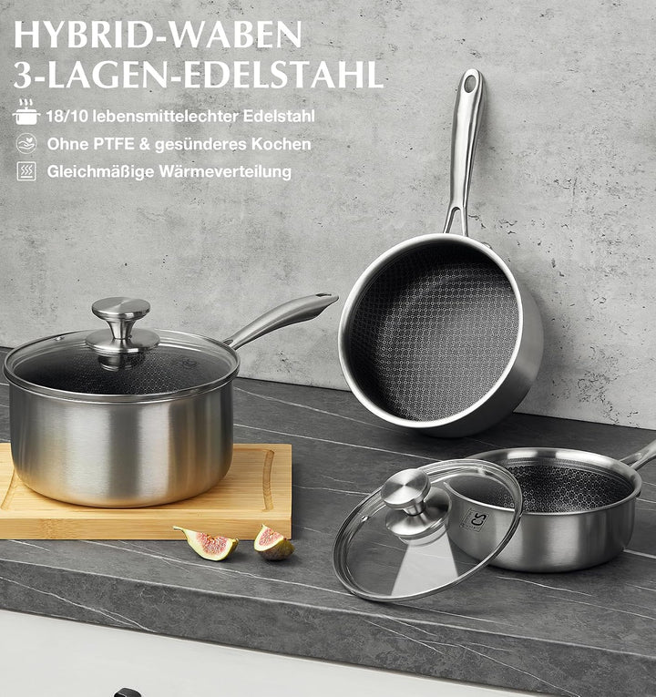 KOCH SYSTEME CS Tri-ply Edelstahl Kochtopf mit Deckel 18 cm, 2 L, kühl bleibender Griff, Hybrid Anti
