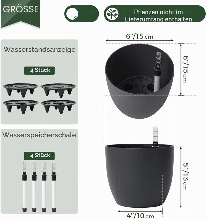 T4U 15cm Selbstwässernder Blumentopf mit Wasseranzeiger Schwarz 4er-Set, Selbstbewässerung Wasserspe